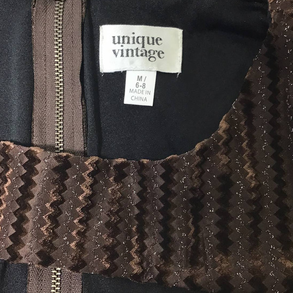 UNIQUE VINTAGE SZ M 6-8 brown zigzag metallic velvet swing retro dress NWT B116 - Picture 7 of 7